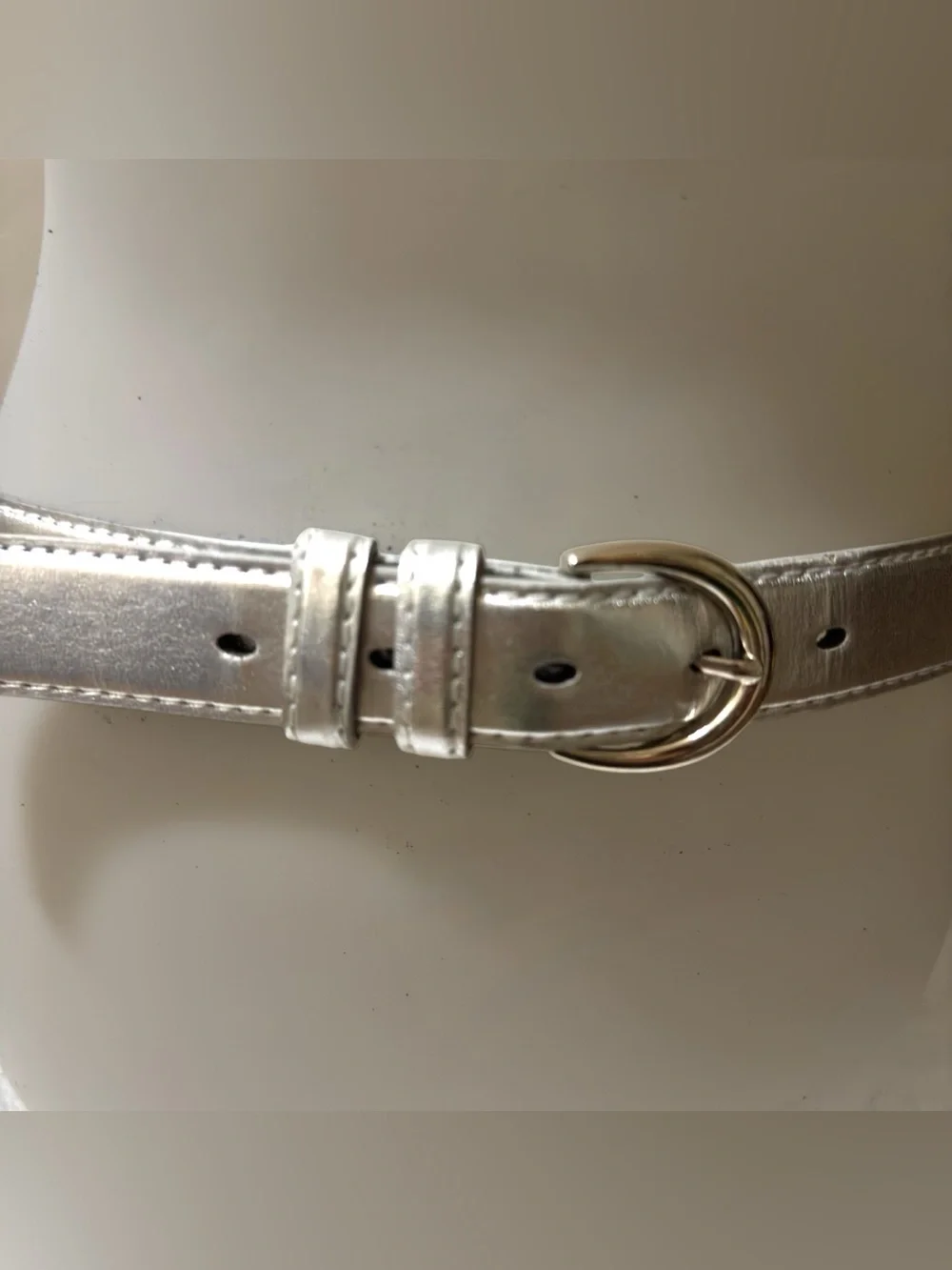 Genuine Leather Metallic Silver Skinny Belt Silver Tone Buckle 1” x 40”